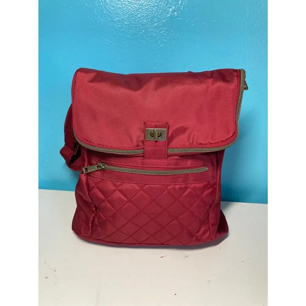Travelon Womens Convertible Backpack Shoulder Bag Red Quilted Nylon RFID 11x11